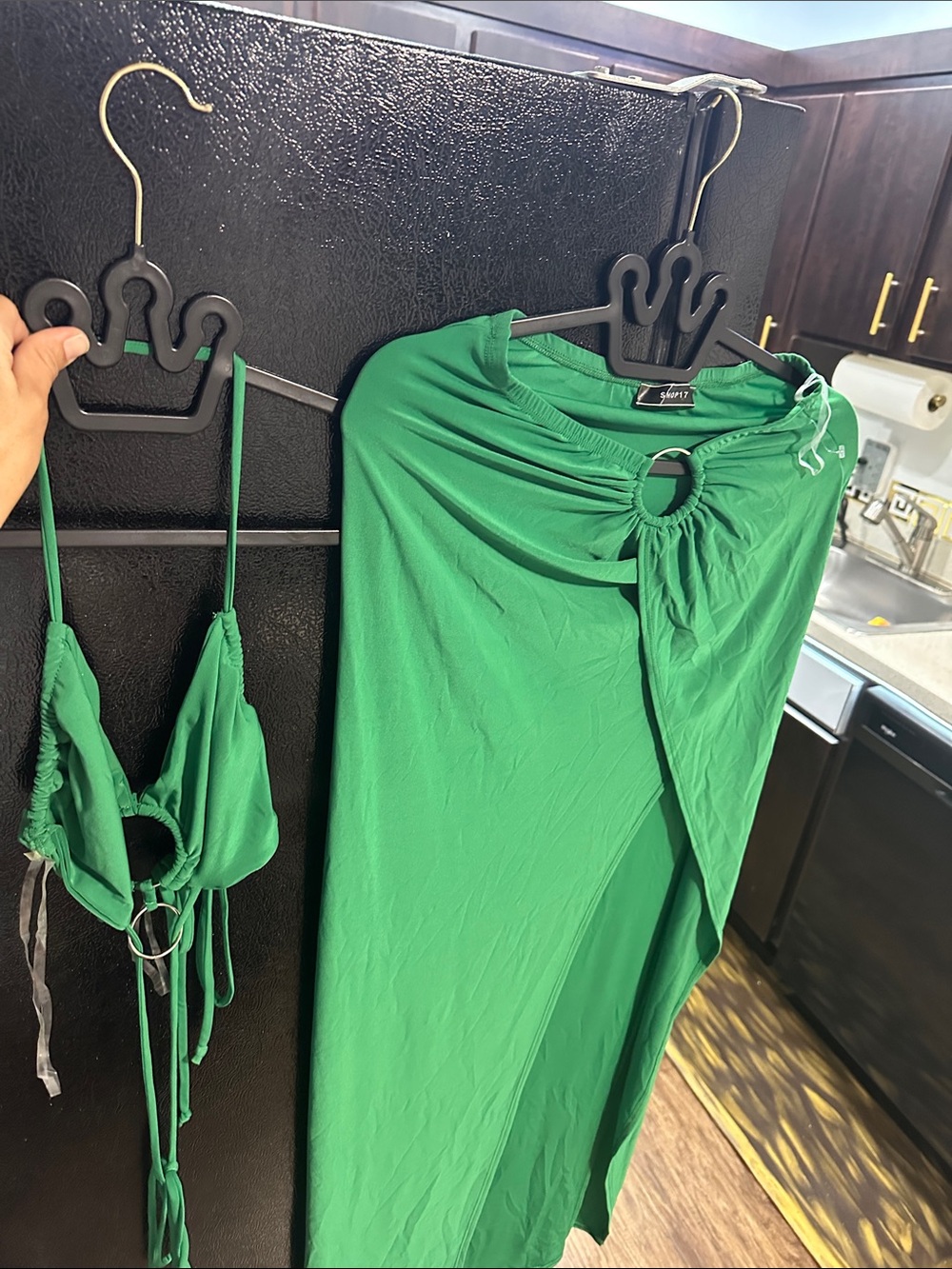 Green Halter Bikini Top & Sarong Set with Ring Detail